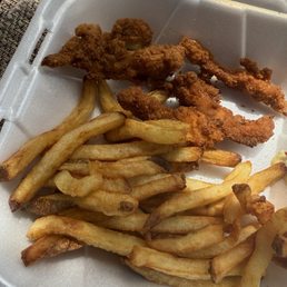 Chicken strips and handcut fries. Homemade ranch and honey mustard. Excellent, play it safe choice. Chicken strips and handcut fries. Homemade ranch and honey mustard. Excellent, play it safe choice.