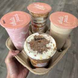 Cookie butter latte, strawberry swirl, peaches and cream, pb+banana