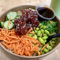 Poke Bowl ($9.69) with Raw Wild-Caught Ahi Tuna Poke-Style ($4.99) with Teriyaki sauce on the side.