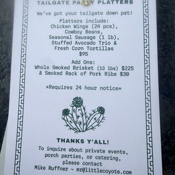Little Coyote - Their tailgate menu - or fiesta menu! - Mexican Near Me - Chattanooga, Tennessee Little Coyote - Their tailgate menu - or fiesta menu! - Mexican Near Me - Chattanooga, Tennessee