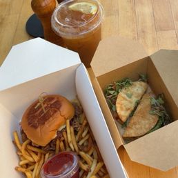 Chicken sandwich, fish tacos, Arnold Palmer Chicken sandwich, fish tacos, Arnold Palmer
