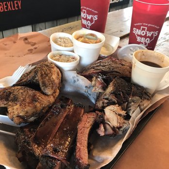 Snow's BBQ - 3/4lb brisket, 1/2lb pork ribs, 1/2lb pork shoulder steak, 1/2 chicken, 2 potato salads, 1 banana pudding, & 2 iced teas ALL UNDER $50! - Barbeque Near Me - Lexington, Texas