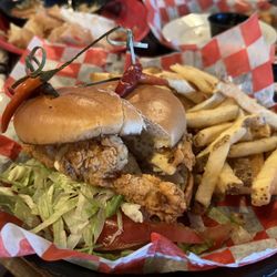 Sea Dog Brewpub - Scarborough - Crisp Chicken Sandwich with fries and deli pickle.