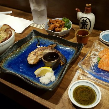 Mr Max - (Clockwise) Fried chicken cartilage, salmon belly, salmon collar with dipping sauce and daikon aroshi, pork tonkatsu udon. - Sushi Bars Near Me - Irving, Texas Mr Max - (Clockwise) Fried chicken cartilage, salmon belly, salmon collar with dipping sauce and daikon aroshi, pork tonkatsu udon. - Sushi Bars Near Me - Irving, Texas
