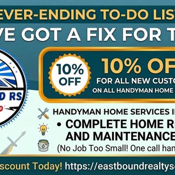 EastBound Realty Solutions - NEW CUSTOMER EXCLUSIVE 

Take 10% OFF your first Handyman Home Service! - Handyman Near Me - Columbia, Maryland