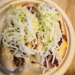 La Belle Patate - Steamie OBC (grilled onions, bacon, cheese, mustard, relish, raw onions, relish)!!