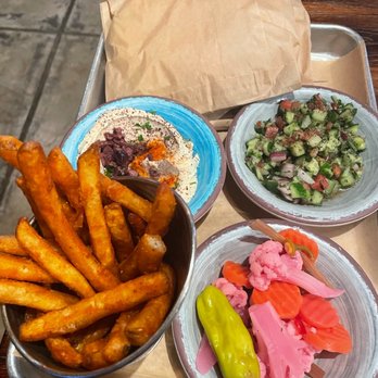 Mazra - Fries, hummus, pickles, salad - Middle Eastern Near Me - San Bruno, California Mazra - Fries, hummus, pickles, salad - Middle Eastern Near Me - San Bruno, California
