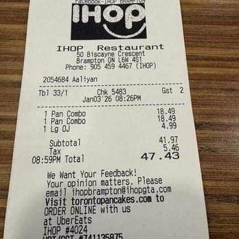 IHOP - The bill for two - Breakfast & Brunch Near Me - Brampton, Ontario