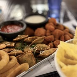 Pieces The St. Louis Board Game Bar & Cafe - Crispy Trio & Wonton Chips (foreground)