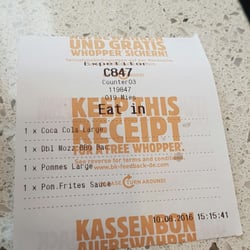 Burger King - Keine Preise, keine MwSt. ausgewiesen. Nicht mal Adresse und Steuernummer.