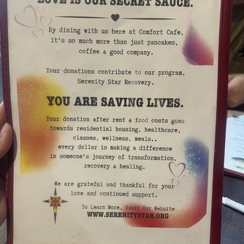 Comfort Cafe - Their mission statement included in the menu. - Breakfast & Brunch Near Me - San Antonio, Texas