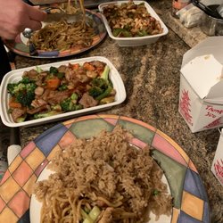 Asian Cafe - Our food! Combo lo mein ( no shrimp) ... hunan pork ... Kung pa chicken and egg rolls