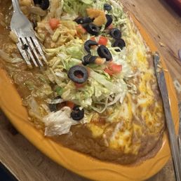 Sonoran Flat Enchiladas and beans.