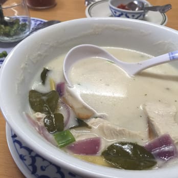 Thai Gem - Tom Ka Kai (Chicken Galangal Coconut Soup). I asked to make it non-spicy with chili on the side; I was given 3 kinds... - Thai Near Me - Clovis, California