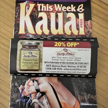 Aunty Lilikoi - 20% coupon I. The THIS WEEK KAUAI pamphlet - Specialty Food Near Me - Waimea, Hawaii Aunty Lilikoi - 20% coupon I. The THIS WEEK KAUAI pamphlet - Specialty Food Near Me - Waimea, Hawaii
