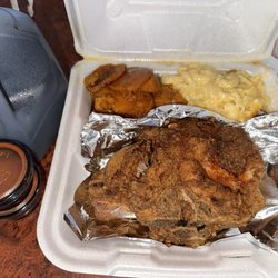 Mi Mi's Southern Style Cooking - Pork Chop Dinner with Mac n Cheese and yams.