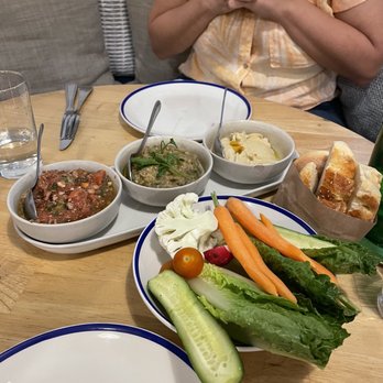 Mandolin Aegean Bistro - Tomato walnut salsa, eggplant and then hummus with fresh veggies - Mediterranean Near Me - Miami, Florida
