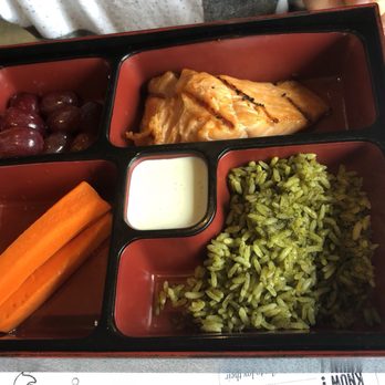 Bluewater Grill Seafood Restaurant & Market Carlsbad - Kids bento box with salmon and green rice, plus grapes and carrots with ranch dip. Best food of our entire meal. - Seafood Near Me - Carlsbad, California