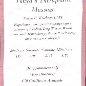 Tonya's Therapeutic Massage - Updated prices - Massage Therapy Near Me - Gilroy, California Tonya's Therapeutic Massage - Updated prices - Massage Therapy Near Me - Gilroy, California