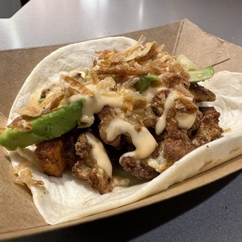 The Peached Tortilla - Japanese Sweet Potato, Cauliflower & Avocado with sriracha tofu & fried shallots (v, vg, gf) - Tacos Near Me - Austin, Texas The Peached Tortilla - Japanese Sweet Potato, Cauliflower & Avocado with sriracha tofu & fried shallots (v, vg, gf) - Tacos Near Me - Austin, Texas