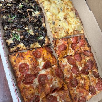 Triple Beam Pizza - Mushroom, pepperoni, potato quarters - Pizza Near Me - Glendora, California Triple Beam Pizza - Mushroom, pepperoni, potato quarters - Pizza Near Me - Glendora, California