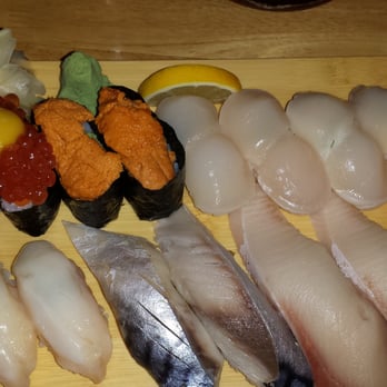 Tadashi - Ikura with quail egg, hottate, tsubugai, saba, and hamachi. - Japanese Near Me - Aiea, Hawaii Tadashi - Ikura with quail egg, hottate, tsubugai, saba, and hamachi. - Japanese Near Me - Aiea, Hawaii