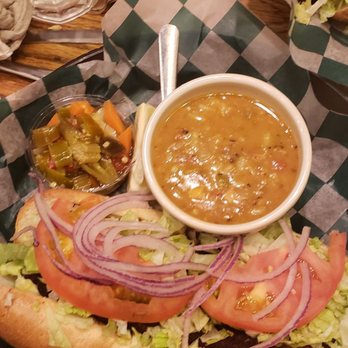 Poor Phil's Shell Bar - Blackened catfish po'boy, gumbo and side of giardinara.  Gumbo was blah.  Catfish on point! - American Near Me - Oak Park, Illinois