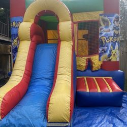 Jumper with slide, basketball hoop. Customized with pokemon banners to fit our theme!