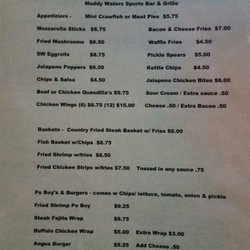 Muddy Waters Sports Bar & Grill - Food menu.