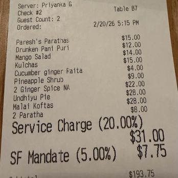 Besharam - Our receipt for the meal - Indian Near Me - San Francisco, California