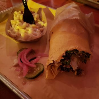 Home Team BBQ - Left - Mac'n cheese, pickled onions and pickles, smoked Turkey burrito. - Barbeque Near Me - Charleston, South Carolina Home Team BBQ - Left - Mac'n cheese, pickled onions and pickles, smoked Turkey burrito. - Barbeque Near Me - Charleston, South Carolina