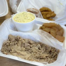 Hog Heaven Bar-B-Q - Small pork bbq dinner with potato salad, baked apples, and hushpuppies