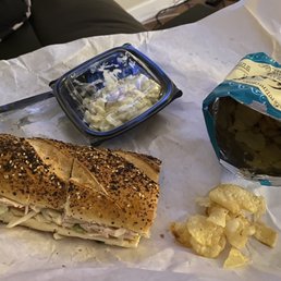 Turkey sub on everything with potato salad and salt and vinegar chips! Turkey sub on everything with potato salad and salt and vinegar chips!