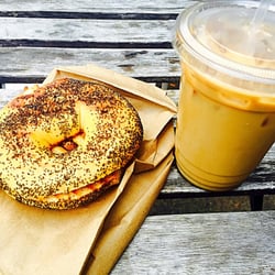 The Satellite Cafe - Poppy seed bagel and iced soy macadamia nut latte