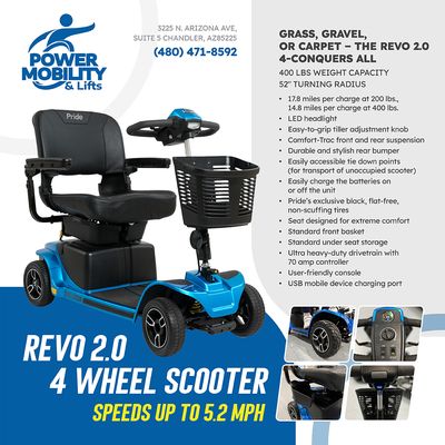 The Revo 2.0 - Grass, gravel,  or carpet, the Revo 2.0 4-wheel can take you anywhere you want to go.  Mobility is no longer going to hold you or a loved one back especially with the Revo 2.0 4 wheeler.   This scooter is perfectly compact and has a weight capacity of up to 400 pounds making it an idea travel scooter.   We believe a mobility scooter should allow you or your loved one to be truly “mobile,” so the Revo 2.0 is equipped with an incredible system.  When you reach your destination, the Revo 2.0 clicks back together giving you the freedom to take your scooter anywhere at anytime. It boasts its Comfort-Trac Suspension and rugged, never-flat tires will let you glide over a variety of terrains, including rough gravel and grassy lawns. This will allow you to never miss another adventure again.