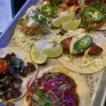 Mas Taco Bar - Left top to bottom: Korean fried chicken, fried fish, thai beef   Right top to bottom: banh mi shrimp, baja fish, braised short rib taco - Tacos Near Me - Sacramento, California