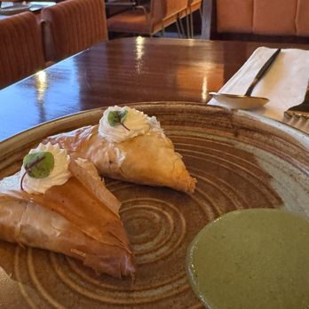 Peya - Fig and goat cheese samosas with crème fresh. - French Near Me - Vancouver, British Columbia