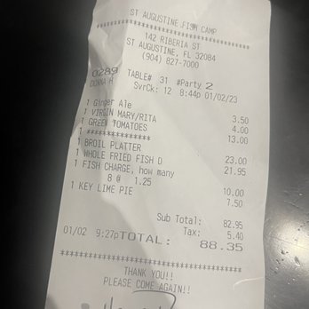 St Augustine Fish Camp - Receipt - Seafood Near Me - St Augustine, Florida