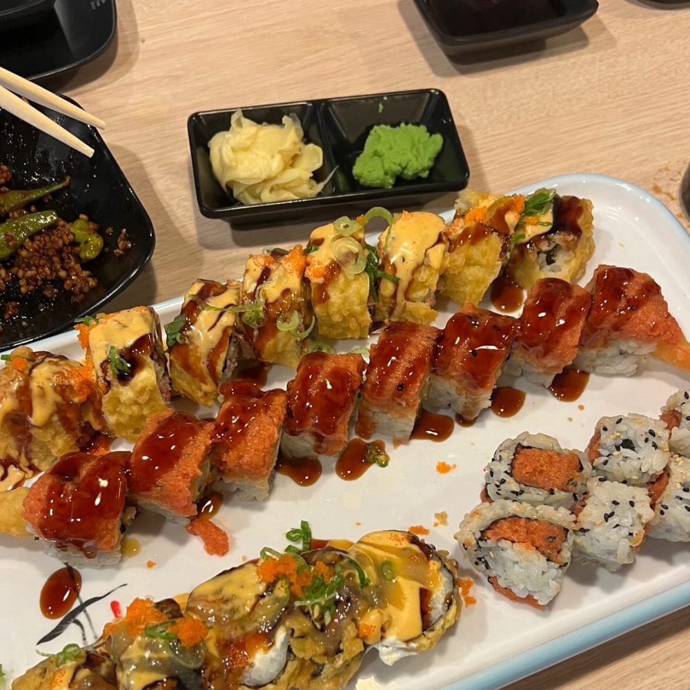 Sake - Spicy Tuna roll(bottom right), Dynamite Roll(bottom left), Chico Roll, Golden California Roll(top) - Japanese Near Me - Chico, California Sake - Spicy Tuna roll(bottom right), Dynamite Roll(bottom left), Chico Roll, Golden California Roll(top) - Japanese Near Me - Chico, California