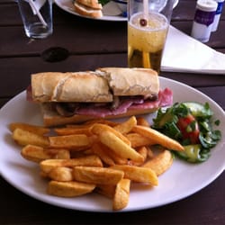 Old Lock & Weir - The bacon and mushroom baguette with salad and chips.