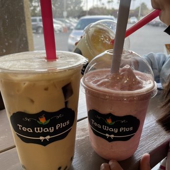 Tea Way Plus - Left: Oolong milk tea with boba and grass jelly Right: Strawberry banana smoothie. - Bubble Tea Near Me - Las Vegas, Nevada