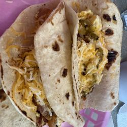 Rojas Tacos - Breakfast tacos (egg, bacon, potato, beans)