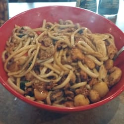 Genghis Grill - Crab, scallops, spicy chicken, udon noodles, spicy dragon sauce and seasoning.