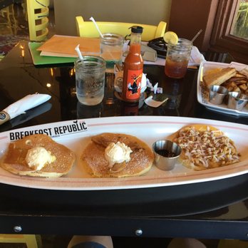 Breakfast Republic - Pancake flight served on a surfboard type platter - Breakfast & Brunch Near Me - Encinitas, California Breakfast Republic - Pancake flight served on a surfboard type platter - Breakfast & Brunch Near Me - Encinitas, California