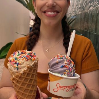 Sampaguita - Banoffee on a Waffle Cone & Ube soft served (vegan) with Buko Pandan (vegan) - Ice Cream & Frozen Yogurt Near Me - Orlando, Florida Sampaguita - Banoffee on a Waffle Cone & Ube soft served (vegan) with Buko Pandan (vegan) - Ice Cream & Frozen Yogurt Near Me - Orlando, Florida