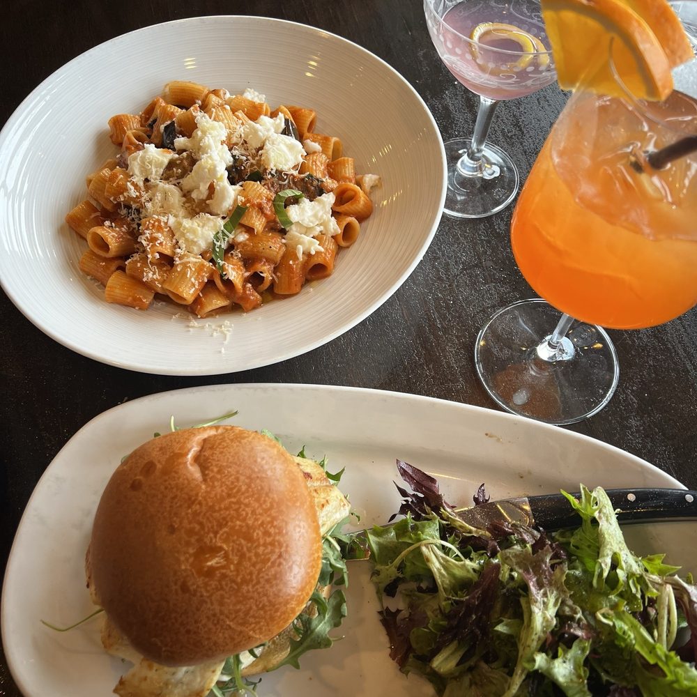 Whitefish sandwich and rigatoni with eggplant