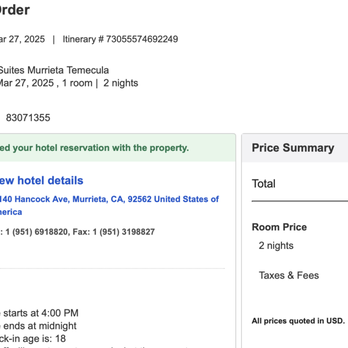 Hampton Inn & Suites Murrieta Temecula - My updated booking at hotels.com that Geena said did not exist that hotels.com still charged me for - Hotels Near Me - Murrieta, California