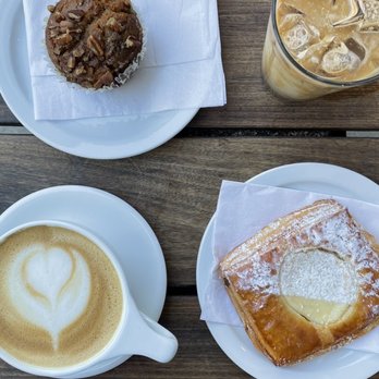 Temple Coffee - 16 oz. Latte with oat milk, 16 oz. Iced Latte with oat milk, Cream Cheese Danish and muffin( forgot which one) - Coffee & Tea Near Me - Sacramento, California Temple Coffee - 16 oz. Latte with oat milk, 16 oz. Iced Latte with oat milk, Cream Cheese Danish and muffin( forgot which one) - Coffee & Tea Near Me - Sacramento, California