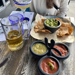 Luckys Taqueria & Cantina - Guacamole and salsa trio, Pacifico and a lucky Margarita