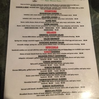 Kimchichanga - Starters, Salads & Specials oh my! Loving the variety of the menu (there's a back side of the menu btw) - Korean Near Me - Riverside, California